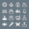 Set line Periscope, Sailor captain, Ship bell, Life jacket, Sinking cruise ship, Binoculars, porthole and Submarine icon