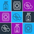 Set line Personal lubricant, Adult label on compact disc and Condom in package safe sex icon. Vector Royalty Free Stock Photo