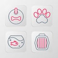 Set line Pet carry case, Aquarium with fish, Paw print and Dog collar icon. Vector