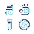 Set line Petri dish with bacteria, Test tube blood, Blood pressure and Wheelchair for disabled person icon. Vector