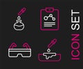 Set line Petri dish with pipette, Safety goggle glasses, Chemistry report and Test tube and flask icon. Vector