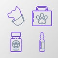 Set line Pets vial medical, Dog medicine bottle and pills, first aid kit and Cat icon. Vector Royalty Free Stock Photo