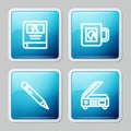 Set line Photo album gallery, Coffee cup, Pencil with eraser and Scanner icon. Vector