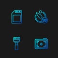 Set line Photo camera, Action, SD card and Camera timer. Gradient color icons. Vector