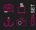 Set line Photo camera, Anchor, Camping gas stove and Rv trailer icon. Vector Royalty Free Stock Photo