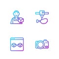 Set line Photo camera, 3D printer perfect copy, Graphic designer and chicken leg. Gradient color icons. Vector
