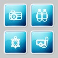 Set line Photo camera for diver, Aqualung, Turtle and Diving mask with snorkel icon. Vector