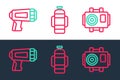 Set line Photo camera for diver, Flashlight and Aqualung icon. Vector