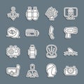 Set line Photo camera for diver, Shark, Flashlight, Coral, Flippers swimming, Anchor and Diving knife icon. Vector