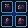 Set line Photo camera, Ear with earring, Ray gun and Glasses. Gradient color icons. Vector