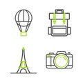 Set line Photo camera, Eiffel tower, Hiking backpack and Hot air balloon icon. Vector