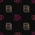 Set line Photo camera, frame and on seamless pattern. Vector