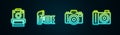 Set line Photo camera, and . Glowing neon icon. Vector