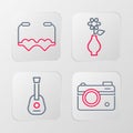 Set line Photo camera, Guitar, Flower in vase and Heart shaped love glasses icon. Vector Royalty Free Stock Photo