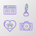 Set line Photo camera, Heart with animals footprint, Feather and inkwell and Music synthesizer icon. Vector