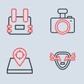 Set line Photo camera, Hunt place, Deer antlers on shield and Bulletproof vest icon. Vector