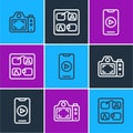 Set line Photo camera, Online play video and Storyboard icon. Vector