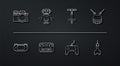 Set line Photo camera, Portable video game console, Drum with drum sticks, Gamepad, Toy piano, Robot toy, Dart arrow and