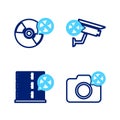 Set line Photo camera service, Database server, Security and CD or DVD disk icon. Vector Royalty Free Stock Photo