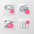 Set line Photo camera service, Drill machine, Radio and Gamepad icon. Vector