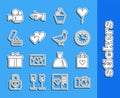 Set line Photo camera, Shopping bag with heart, Clock, Wedding cake, Heart, rings, Cinema and Dove icon. Vector