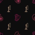 Set line Photo camera, Studio light bulb in softbox and Camera film roll cartridge on seamless pattern. Vector Royalty Free Stock Photo