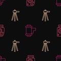 Set line Photo camera, Tripod and Camera roll cartridge on seamless pattern. Vector Royalty Free Stock Photo