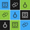 Set line Photo frames and hearts, Male gender symbol and Heart icon. Vector