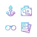 Set line Photo, Glasses, Anchor and Suitcase. Gradient color icons. Vector