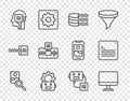 Set line Photo retouching, Computer monitor, Binary code, Robot setting, Humanoid robot, Artificial intelligence AI, and Royalty Free Stock Photo