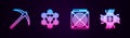 Set line Pickaxe, Blockchain technology, ASIC Miner and CPU mining farm. Glowing neon icon. Vector Royalty Free Stock Photo