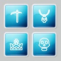 Set line Pickaxe, Necklace amulet, King crown and Skull icon. Vector Royalty Free Stock Photo