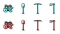 Set line Pickaxe, Western stagecoach, Shovel and Tomahawk axe icon. Vector Royalty Free Stock Photo