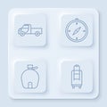 Set line Pickup truck, Compass, Canteen water bottle and Suitcase. White square button. Vector