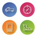 Set line Pickup truck, Compass, Open matchbox and matches and Hiking boot. Color circle button. Vector