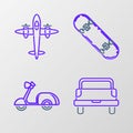 Set line Pickup truck, Scooter, Skateboard and Old retro vintage plane icon. Vector Royalty Free Stock Photo