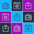 Set line Picture landscape, Briefcase and Browser setting icon. Vector