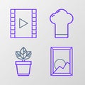 Set line Picture landscape, Flowers in pot, Chef hat and Play Video icon. Vector