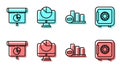 Set line Pie chart infographic, Graph, chart, diagram, infographic, Computer monitor with graph chart and Safe icon