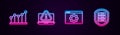 Set line Pie chart infographic, Laptop with exclamation mark, Browser setting and Server shield. Glowing neon icon Royalty Free Stock Photo