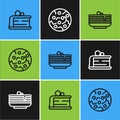 Set line Piece of cake, Stack pancakes and Cookie or biscuit icon. Vector