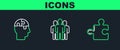 Set line Piece of puzzle, Human head puzzles strategy and Users group icon. Vector Royalty Free Stock Photo