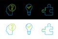 Set line Piece of puzzle, Human head with question mark and Light bulb and check icon. Vector