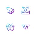 Set line Pig, Butterfly, Frog and Whale tail in ocean wave. Gradient color icons. Vector Royalty Free Stock Photo