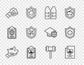 Set line Piggy bank, Health insurance, Life jacket, Hand holding fire, Plane with shield, Judge gavel and icon. Vector Royalty Free Stock Photo