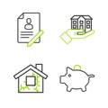 Set line Piggy bank, House, in hand and Document with shield icon. Vector
