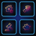Set line Piggy bank, Judge gavel, House with shield and in hand. Gradient color icons. Vector