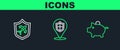 Set line Piggy bank, Plane with shield and Location icon. Vector