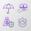 Set line Piggy bank with shield, Money, Life insurance in hand and Umbrella icon. Vector