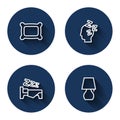 Set line Pillow, Dreams, Time to sleep and Table lamp with long shadow. Blue circle button. Vector